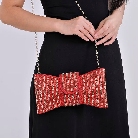 Red Fashionable Bow-shaped Crystal Clutch Bag with Shoulder Chain Strap - Picture 1 of 2